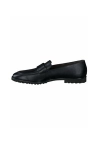 Schwarze Lederloafers mit runder Zehenform, genähten Details und einem dekorativen Riemen an der Vorderseite. Die Sohle weist ein strukturiertes Muster auf.