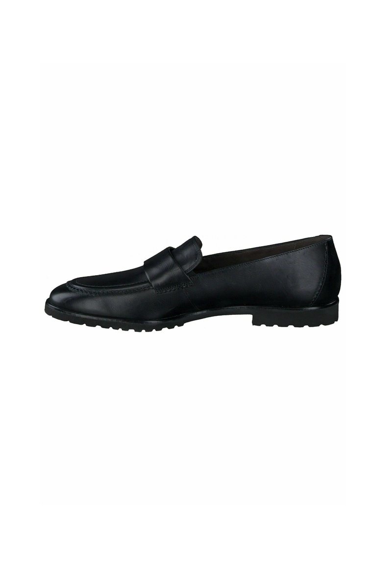 Schwarze Lederloafers mit runder Zehenform, genähten Details und einem dekorativen Riemen an der Vorderseite. Die Sohle weist ein strukturiertes Muster auf.