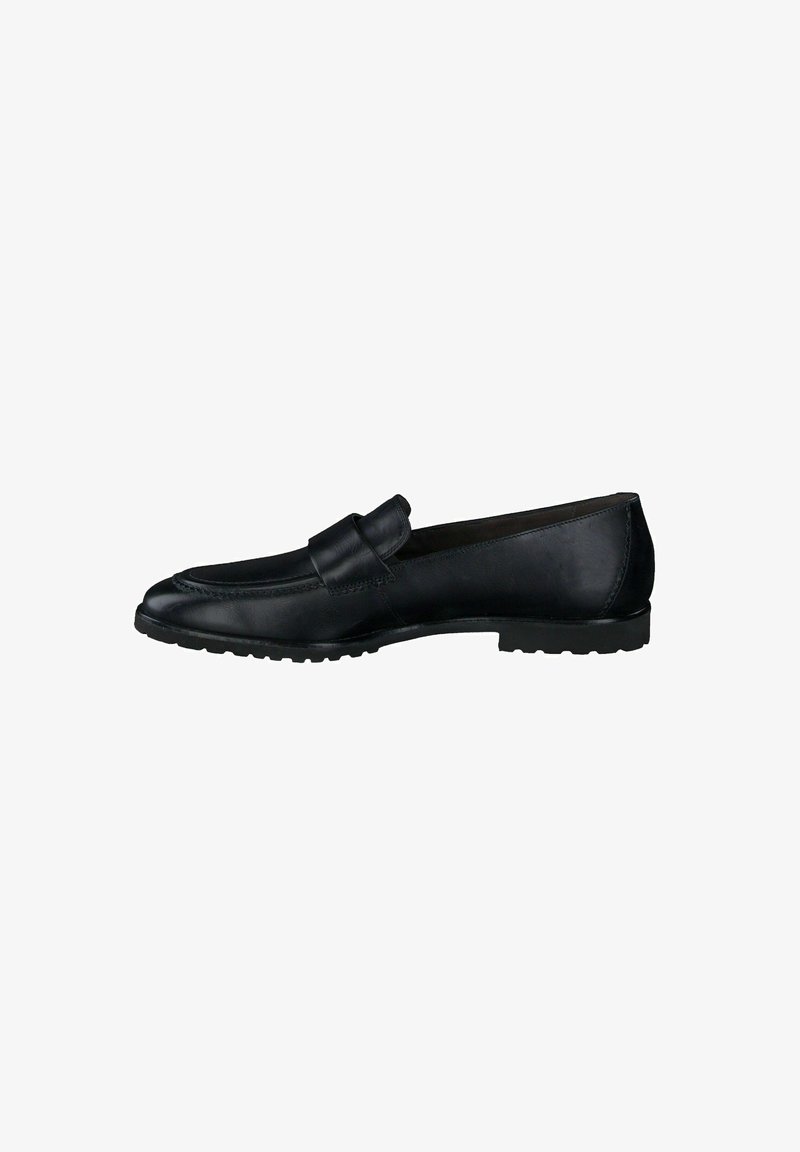 Schwarze Lederloafers mit runder Zehenform, genähten Details und einem dekorativen Riemen an der Vorderseite. Die Sohle weist ein strukturiertes Muster auf.
