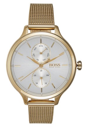 Montre en acier inoxydable doré avec bracelet en maille, cadran argenté, sous-cadrans jour et date, index et aiguilles dorés.