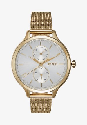 Montre en acier inoxydable doré avec bracelet en maille, cadran argenté, sous-cadrans jour et date, index et aiguilles dorés.