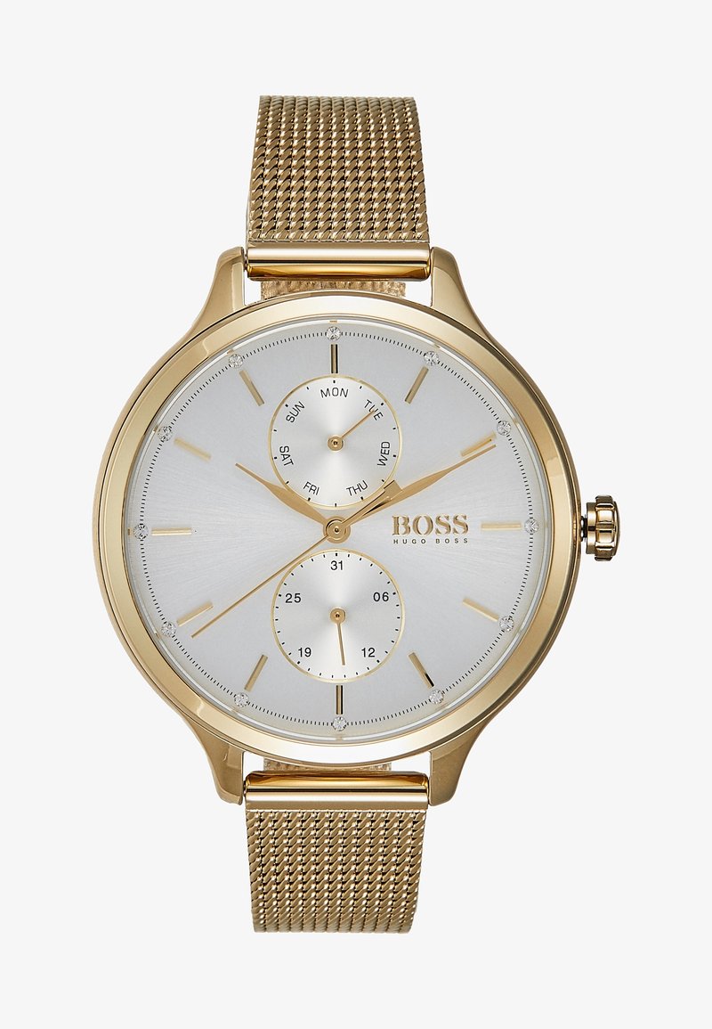 Montre en acier inoxydable doré avec bracelet en maille, cadran argenté, sous-cadrans jour et date, index et aiguilles dorés.