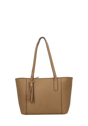 Borsa tote in pelle color cuoio con doppi manici a spalla e un nappa decorativa appesa a un anello di una cinghia.