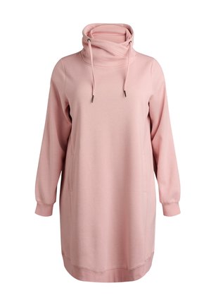 Robe sweat à capuche rose en tissu doux, avec un col châle, des manches longues, des poches latérales, une coupe décontractée et un ourlet.