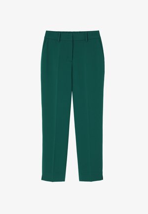 Green tailored trousers made of smooth fabric, featuring a straight cut, front pleats, and cropped length. No visible hardware or patterns.
