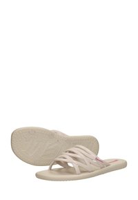 Beige platta sandaler med flera tunna tvärgående remmar och texturerad sula, en sandal som visar undersidan med varumärkestryck.