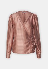 Rosa Satinbluse mit Wickeldesign, langen Ärmeln, vertikalen Streifen, einer Spitzenverzierung am Ausschnitt und einer Bindeschließe an der Seite.