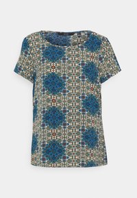 Short-sleeve blouse with a round neckline, featuring a multicolored floral and geometric pattern primarily in blue, brown, and cream.