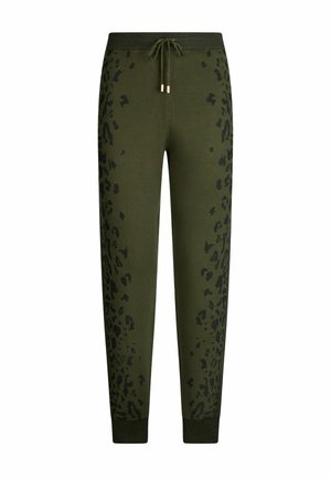 Olivegrønne joggers med sorte leopardprint-detaljer, snøre i livet og ribbede manchetter. Lavet af blødt og behageligt materiale.
