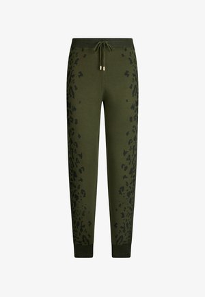 Olive green joggers with black leopard print accents, drawstring waistband, and ribbed cuffs. Made of soft, comfortable material.