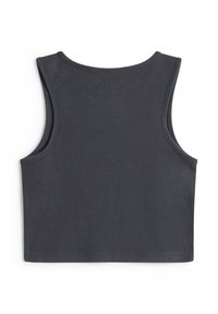 Dark gray sleeveless crop top, made of soft cotton blend, features a round neckline and clean hemmed edges, with no visible patterns or embellishments.