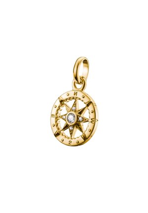 Pendentif en or en forme de compas avec un design d'étoile et un cadre circulaire, lettres directionnelles gravées et une pierre précieuse centrale.