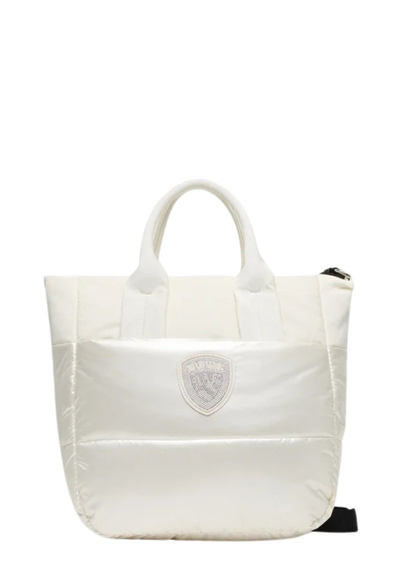 Borsa tote bianca imbottita con doppio manico, una tasca con zip e una patch con logo testurizzato sul fronte. Materiale liscio e lucido.