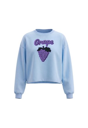 Felpa azzurro chiaro con grappolo d'uva viola glitter e parola "Grape" ricamata sul petto, con maniche lunghe e polsini a coste.
