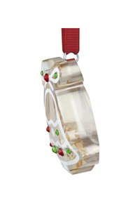 Przezroczysta szklana ozdoba w kształcie pierniczka, z czerwonymi i zielonymi akcentami oraz czerwoną wstążką do zawieszenia.