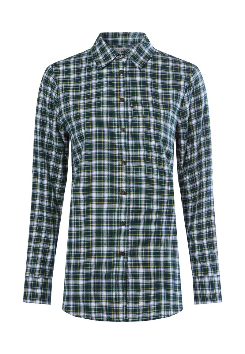 Camicia a quadri verde e blu navy con maniche lunghe, chiusura frontale con bottoni e colletto. Presenta bottoni marroni e una tasca sul petto. Tessuto di cotone.