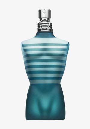 Blue frosted glass bottle shaped like a male torso with horizontal stripes and a silver spray nozzle with pull ring top.
