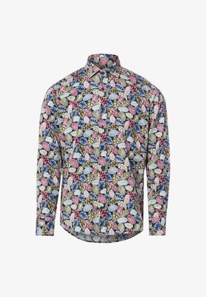 Camicia a maniche lunghe con bottoni e motivo di foglie colorate in blu, rosa, verde e beige su sfondo chiaro.