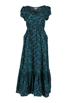 Robe maxi florale en teal avec de courtes manches bouffantes, taille froncée et jupe à volants. Comprend des bordures en dentelle décoratives et un devant à boutons.