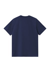 Camiseta de algodón azul marino con mangas cortas, cuello redondo y una textura suave. Sin patrones ni detalles en la vista trasera.