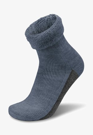 Gray ankle sock with a ribbed texture, plush cuff, and a contrasting dark gray heel. Soft fabric for comfort and warmth.