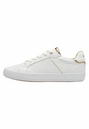 White sneaker with a textured side panel, round toe, and flat rubber sole. Features gold accents on the heel and eyelets, and lace-up design.