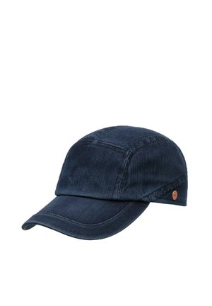 Dark blue corduroy baseball cap with curved brim and small round metal logo on the side.