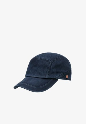 Dark blue corduroy baseball cap with curved brim and small round metal logo on the side.