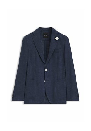 Navy blue BOSS blazer with notch lapels, two front patch pockets, two buttons, and a white lapel pin on the left side.