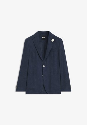 Navy blue BOSS blazer with notch lapels, two front patch pockets, two buttons, and a white lapel pin on the left side.