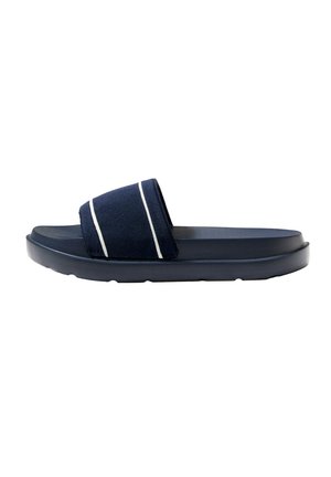 Navy slide sandals with a fabric strap featuring white stripes, soft rubber sole, and a wide footbed for comfort.