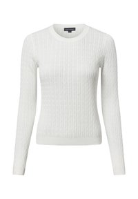 Weiße Strickpullover mit gerippter Textur, rundem Ausschnitt und langen Ärmeln. Strukturiertes Muster im gesamten Stoff, enganliegende Silhouette.