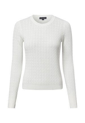 Weiße Strickpullover mit gerippter Textur, rundem Ausschnitt und langen Ärmeln. Strukturiertes Muster im gesamten Stoff, enganliegende Silhouette.