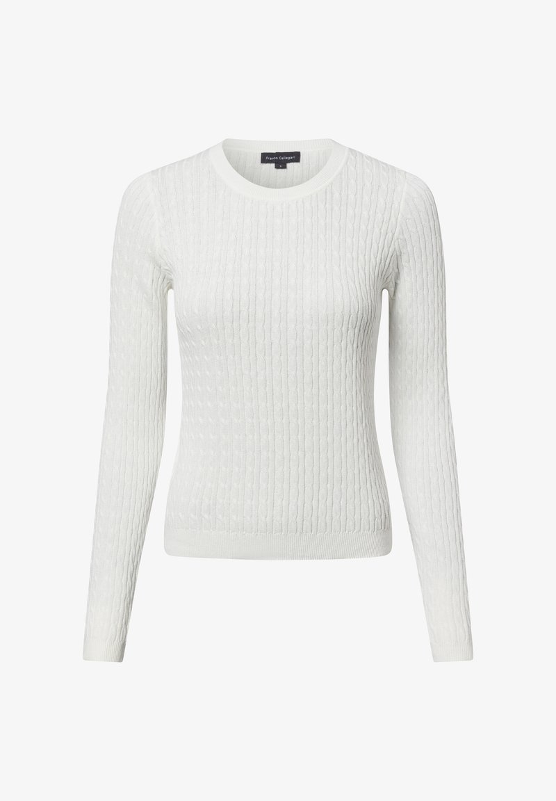 Weiße Strickpullover mit gerippter Textur, rundem Ausschnitt und langen Ärmeln. Strukturiertes Muster im gesamten Stoff, enganliegende Silhouette.
