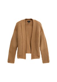 Stickad cardigan i ljusbrun, med ett strukturerat mönster, öppen front och ribbade ärmslut. Designen har en avslappnad silhuett.