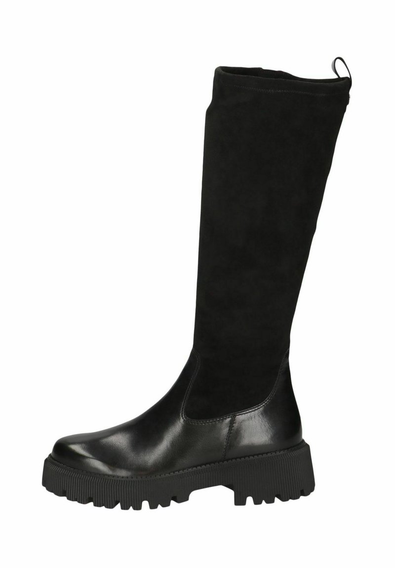 Botas negras hasta la rodilla hechas de cuero suave y ante, con una suela de tracción gruesa y una lengüeta en la parte superior para facilitar su uso.