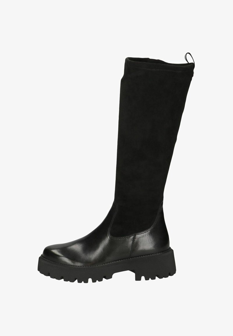 Černé kozačky po kolena vyrobené z hladké kůže a jemného semiše, s robustními podrážkami a s poutkem na horní části pro snadné obouvání.