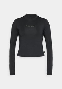 Must pikkade varrukatega tipp, mis on valmistatud siledast kangast, kõrge kaelusega ja keskel "PARIS" logo heledas hallis Nike'i swooshiga.