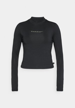 Black long-sleeve top made of smooth fabric, featuring a high neck and a centered "PARIS" logo with a Nike swoosh in light gray.