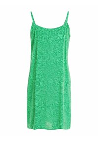 Robe verte sans manches à pois blancs, avec fines bretelles et coupe droite et ample.