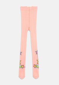 Collant rosa con motivi di stelle colorate e arcobaleni, realizzati in tessuto elasticizzato con una texture liscia e una vita rigida.