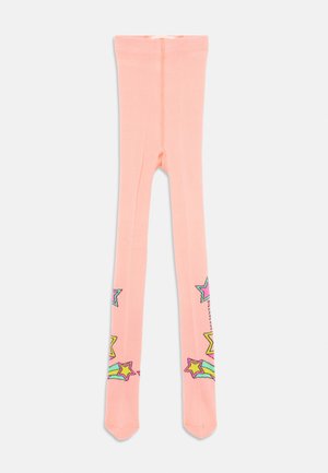 Collant rosa con motivi di stelle colorate e arcobaleni, realizzati in tessuto elasticizzato con una texture liscia e una vita rigida.
