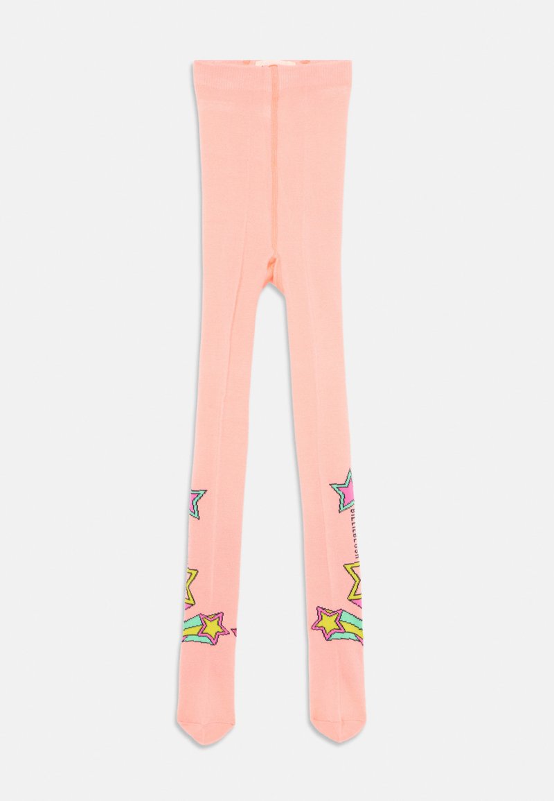 Rozā zeķubikses ar krāsainiem zvaigžņu un varavīksnes rakstiem, izgatavotas no elastīga auduma ar gludu tekstūru un cietu jostasvietu.