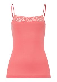 Coral tank top with adjustable spaghetti straps, lace trim on the neckline, and a smooth, stretchy fabric. Simple design with a fitted shape.