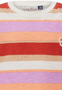 Gestreept overhemd met korte mouwen, met horizontale banden in rood, oranje, roze, paars en beige. Inclusief geborduurd ontwerp aan de voorkant.