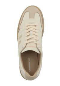 Cream leather sneakers with beige suede accents, round toe, flat laces, and textured rubber sole. Features "FLAMINGOS LIFE" branding inside.