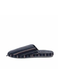 Pantofola a righe navy con tomaia in tessuto morbido e suola grigia. Caratterizzata da un retro basso per un facile indossamento. Striature accentuate in rosso e bianco.