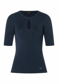 Marineblauw geribd gebreid topje met een ronde hals en een sleutelgatdetail bij de borst. Korte mouwen en een aansluitende pasvorm. Subtiele branding op de zoom.