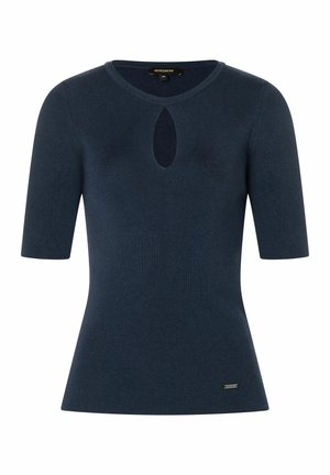 Navy-blaues, geripptes Stricktop mit Rundhalsausschnitt und Schlüsselloch-Detail an der Brust. Kurze Ärmel und eine taillierte Silhouette. Subtile Markenkennzeichnung am Saum.