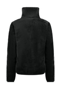 Zwarte fleece jas met hoge kraag, gestructureerd oppervlak, lange mouwen en een rechte zoom. Geen zichtbare sluitingen of versieringen.